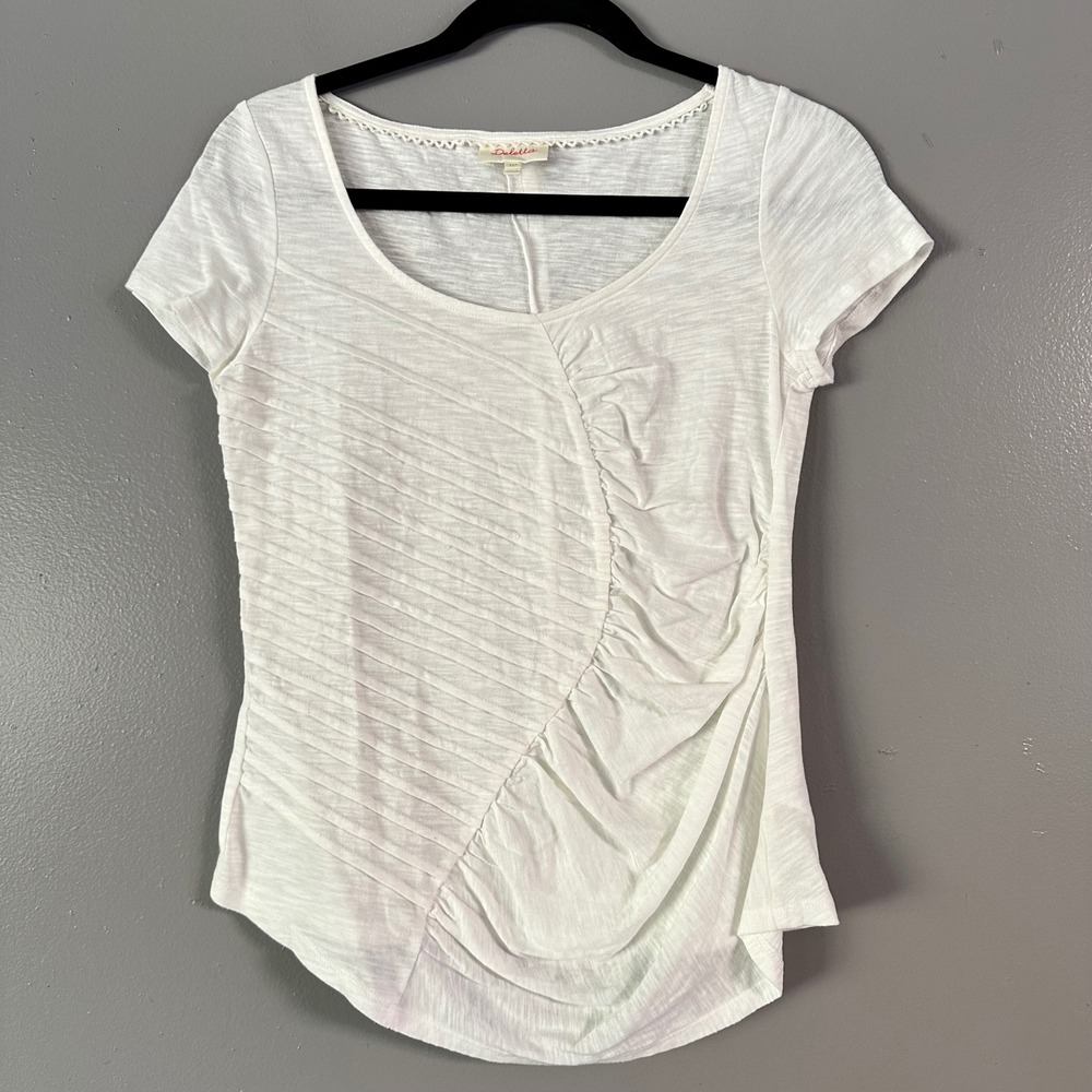 ANTHROPOLOGIE DELETTA WHITE SHORT‎ SLEEVE RUCHED TOP XSP